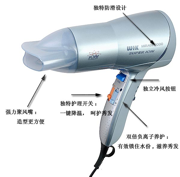 德國(guó)偉嘉(WIK) 大功率電吹風(fēng)機(jī) 5558.20 cica(2000w、7倍超強(qiáng)負(fù)離子、4檔雙冷風(fēng)、高濃度負(fù)離子、9種熱力)
